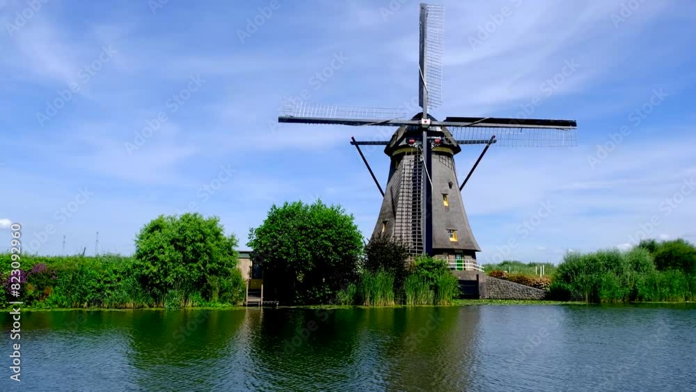 Traditional windmill on a canal in the village of Kinderdijk, South Holland, Netherlands. Traditional windmill on a canal in the village of Kinderdijk, South Holland, Netherlands.