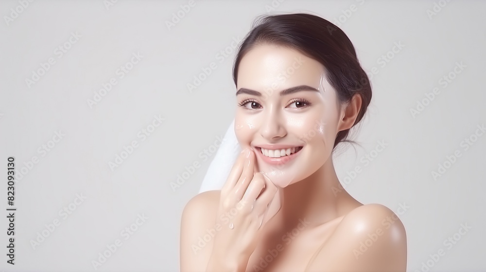 Beautiful young Woman model with clean fresh skin on beige background, Facial care, Cosmetology, beauty and spa, . Close-up of woman with clean skin posing, in studio background.