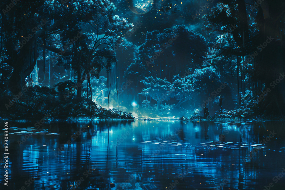 Within the Neon-Lit Expanse of Night, a Mysterious Forest Emerges, Where Moonlight Weaves Through Ancient Boughs, Illuminating a Surreal Sanctuary Guarded by Silent Sentinels and Mirrored Waters