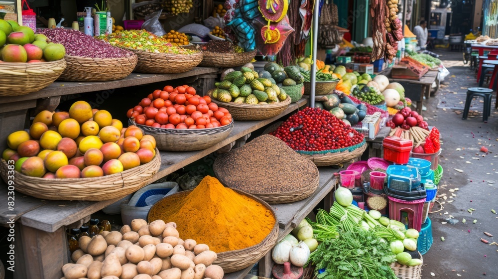 Colorful street market scene with fresh fruits, vegetables, and piles of spices alongside plastic goods, captured from the side.