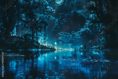 Within the Neon-Lit Expanse of Night  a Mysterious Forest Emerges  Where Moonlight Weaves Through Ancient Boughs  Illuminating a Surreal Sanctuary Guarded by Silent Sentinels and Mirrored Waters