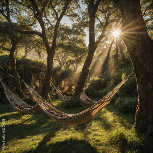 Hobbits relaxing in hammocks strung between swaying trees  basking in the warm sunlight.  