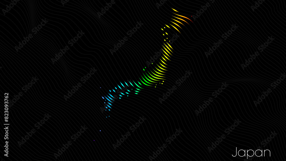 A map of Japan is presented in the form of colorful vertical lines against a dark background. The country's borders are depicted in the shape of a rainbow-colored diagram. A map of Japan is presented in the form of colorful vertical lines against a dark background. The country's borders are depicted in the shape of a rainbow-colored diagram.