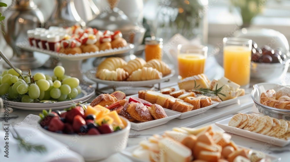 An elegant hotel breakfast buffet with an assortment of pastries, cheeses