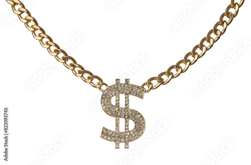 Necklace of dollar symbol with golden chain isolated on transparent background, png file