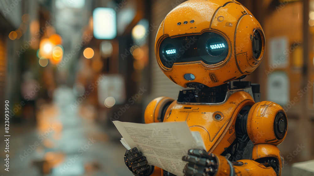 orange robot getting papers handouted by a human in a lighty office,generative ai orange robot getting papers handouted by a human in a lighty office,generative ai