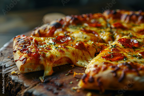 Pizza with mozzarella cheese and tomato on a wooden background