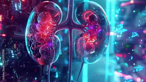 Human kidney futuristic. 3D illustration of human kidneys. Science and Medical technology. Kidney anatomy. Kidney cross section. Kidney hologram. Kidney disease. 4K Videos