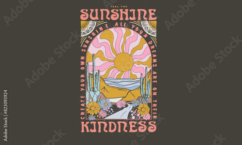 Horseshoe print design. Desert vibes vector. Arizona desert graphic print artwork for apparel, t shirt, sticker, poster, wallpaper and others. Feel the sunset. desert cactus artwork. Joshua tree.