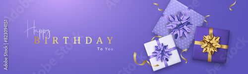 Wide birthday banner with gifts, ribbons, and Happy Birthday text.