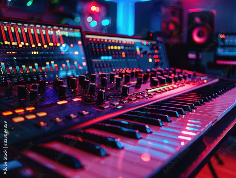 Mixing console, headphones, and keyboard Mixing console, headphones, and keyboard