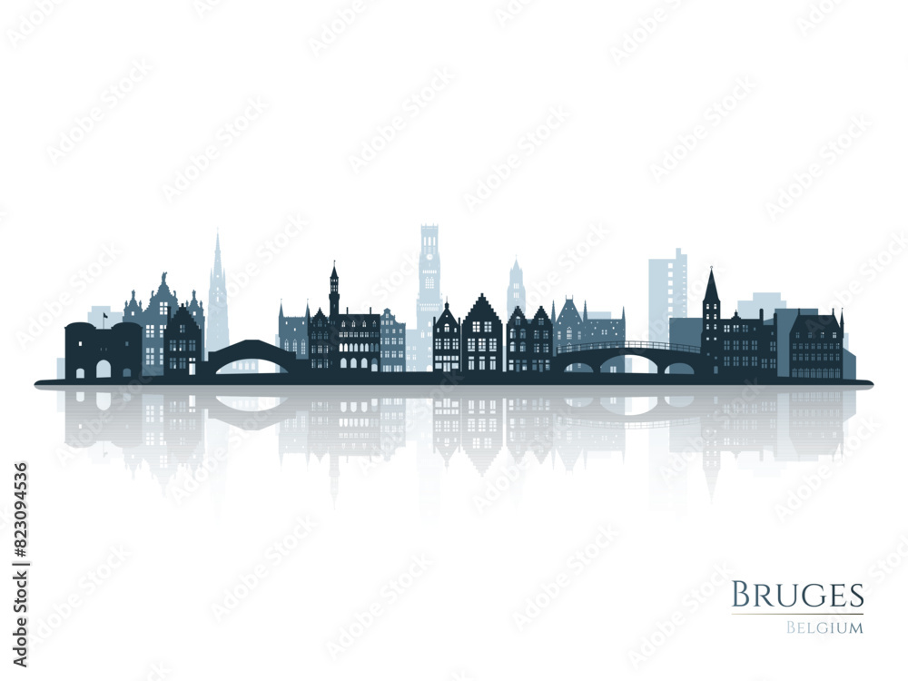 Obraz premium Bruges skyline silhouette with reflection. Landscape Bruges, Belgium. Vector illustration.