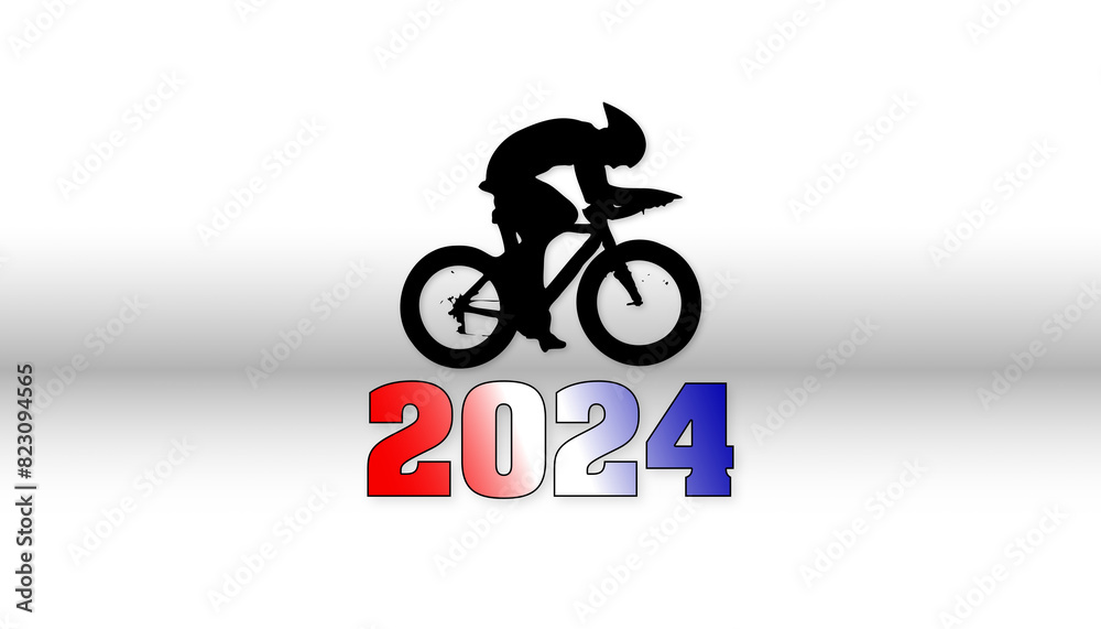 Fototapeta premium Grafik für die Tour de France 2024. Das Logo zeigt einen Radrennfahrer beim Radrennen in Silouette und die Jahreszahl.
