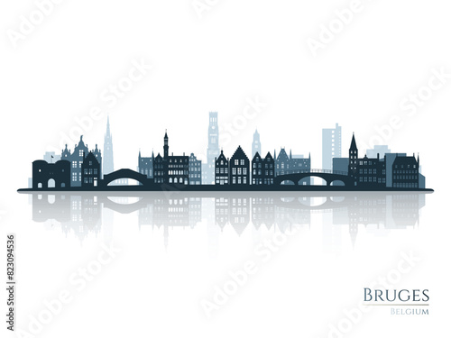 Bruges skyline silhouette with reflection. Landscape Bruges, Belgium. Vector illustration.
