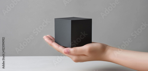 Modern panoramic view: feminine hand holding a sleek charcoal black minimalist cube cream mockup. photo