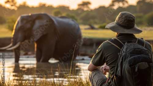 A photographer sits and observes a large elephant in the distance during a peaceful sunset by a water body.