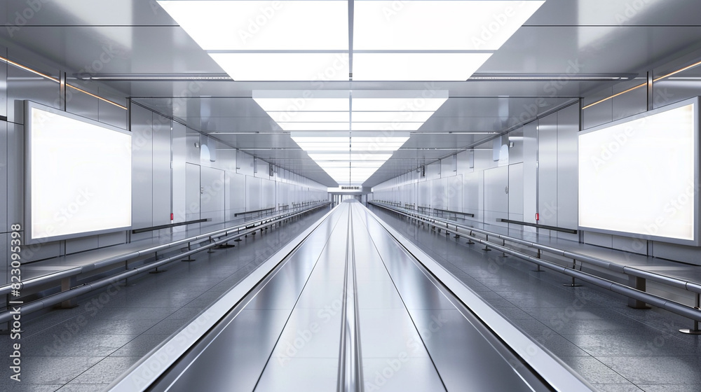 Engaging and unique: prolonged narrow blank billboard parallel to a long baggage carousel.