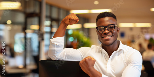 A man in a white shirt is smiling and flexing his arm. a black male, the man is a nerd and skinny, he has white shirt with black glasses. The man is flexing his right bicep, the man is smiling © Nataliia_Trushchenko