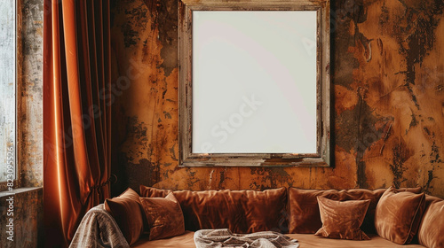 Cinnamon brown velvet curtains and a rustic blank frame in a gallery, warm tones. photo