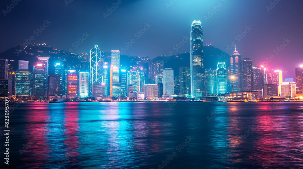 Fototapeta premium Skyline of a modern city at night with illuminated buildings.