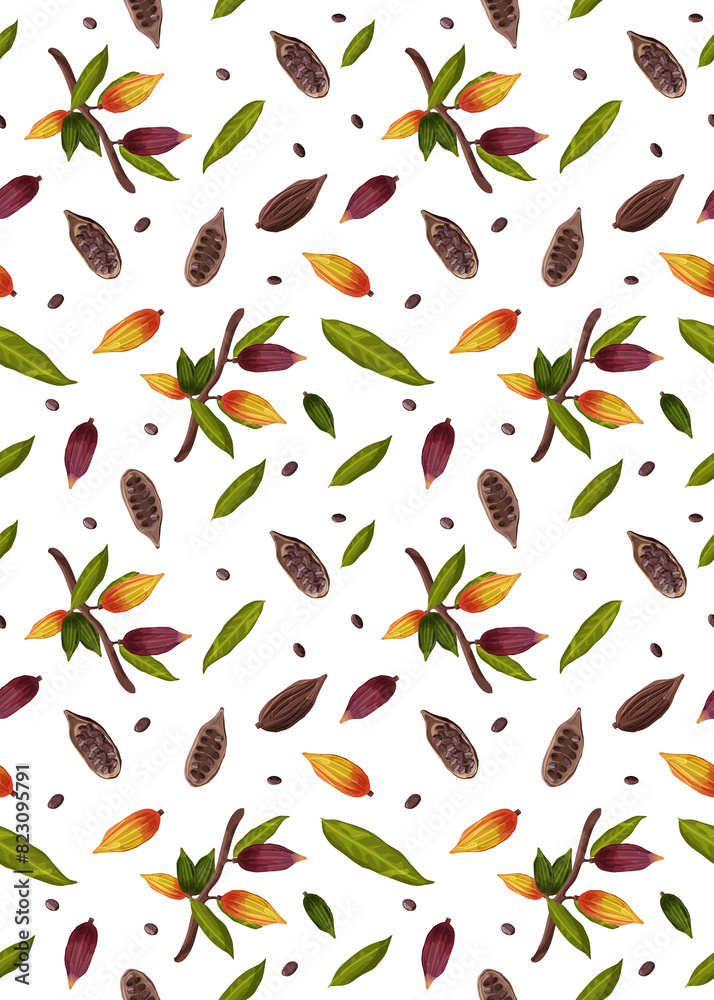 Seamless pattern of Cocoa bean tree with leaves isolated. Chocolate cocoa beans. Vector illustration. Seamless pattern of Cocoa bean tree with leaves isolated. Chocolate cocoa beans. Vector illustration.