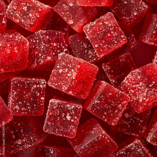 A detailed view of numerous red sugar cubes stacked close together photo