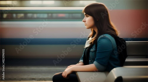 Traveling woman waiting on a bench on the train station platform photo