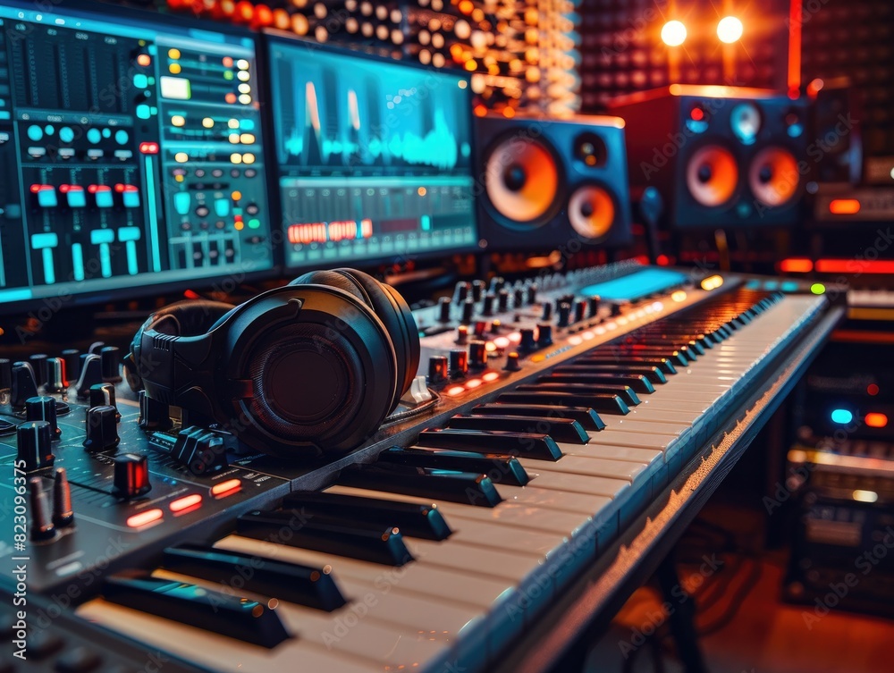 Mixing console, headphones, and keyboard Mixing console, headphones, and keyboard