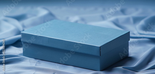 Calming effect of a pale blue rectangular blank box with an indigo lid on a cool tone contrast background. photo