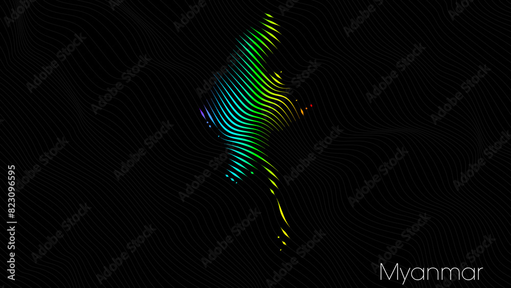 A map of Myanmar is presented in the form of colorful vertical lines against a dark background. The country's borders are depicted in the shape of a rainbow-colored diagram. A map of Myanmar is presented in the form of colorful vertical lines against a dark background. The country's borders are depicted in the shape of a rainbow-colored diagram.