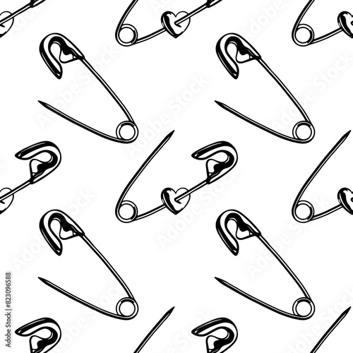 Punk seamless pattern. Metal chrome safety pin with heart. Rock background drawn on white background. Repeating print for fabric, wrapping paper, textile