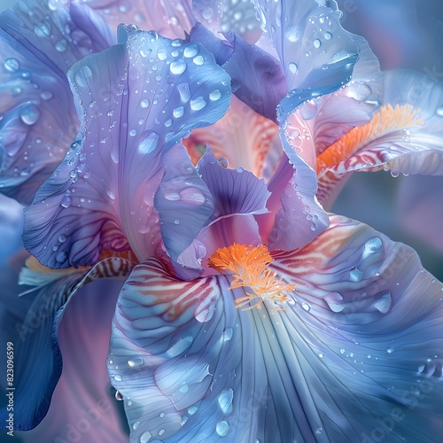 Purple and blue iris with water droplets on it