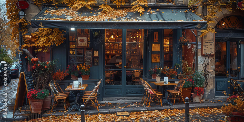 A charming Parisian cafe with outdoor seating, surrounded by colorful autumn foliage and cobblestone streets. The scene includes tables adorned with flowers in vases. Generative AI.
