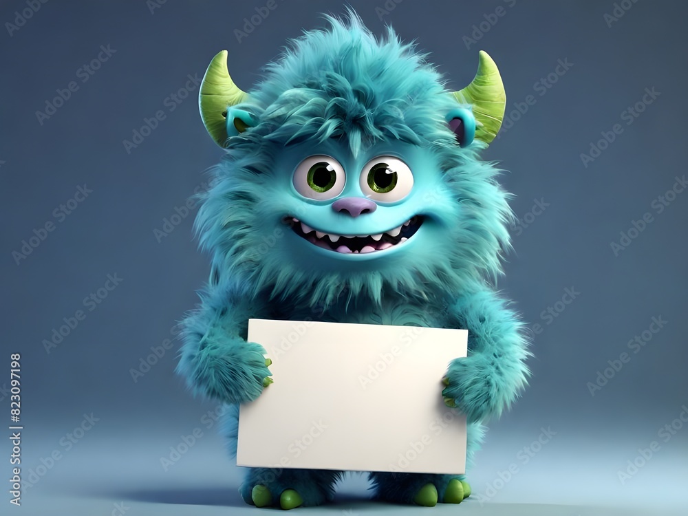 Cute blue furry monster 3D cartoon character cute furry monster green monster holding placard cartoon monster