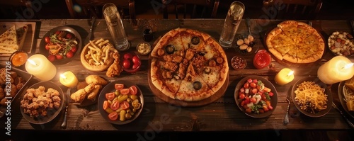 A rustic candlelit dinner table with pizzas, bread, vegetables, and bowls of pasta. Perfect for an intimate and cozy evening meal setting.