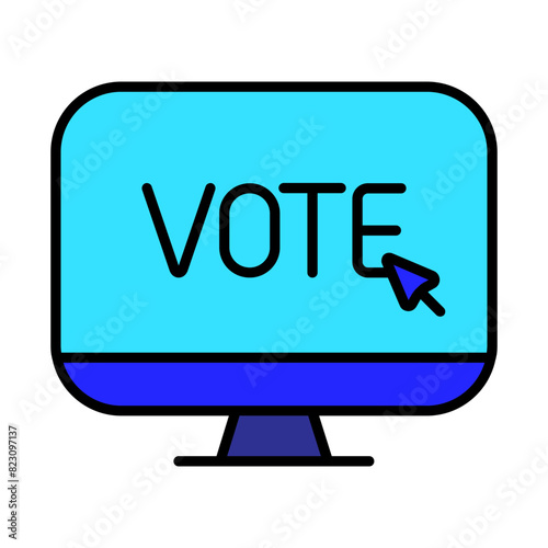 Monitor with vote text icon. Elections, evote, check stamps, voting, candidate, voter, polling station, president, parliament, electronic voting, debate, election campaign.