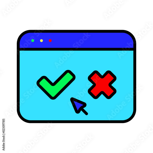 Monitor with a cross and a tick icon. Elections, evote, check stamps, voting, candidate, voter, polling station, president, parliament, electronic voting, debate, election campaign.