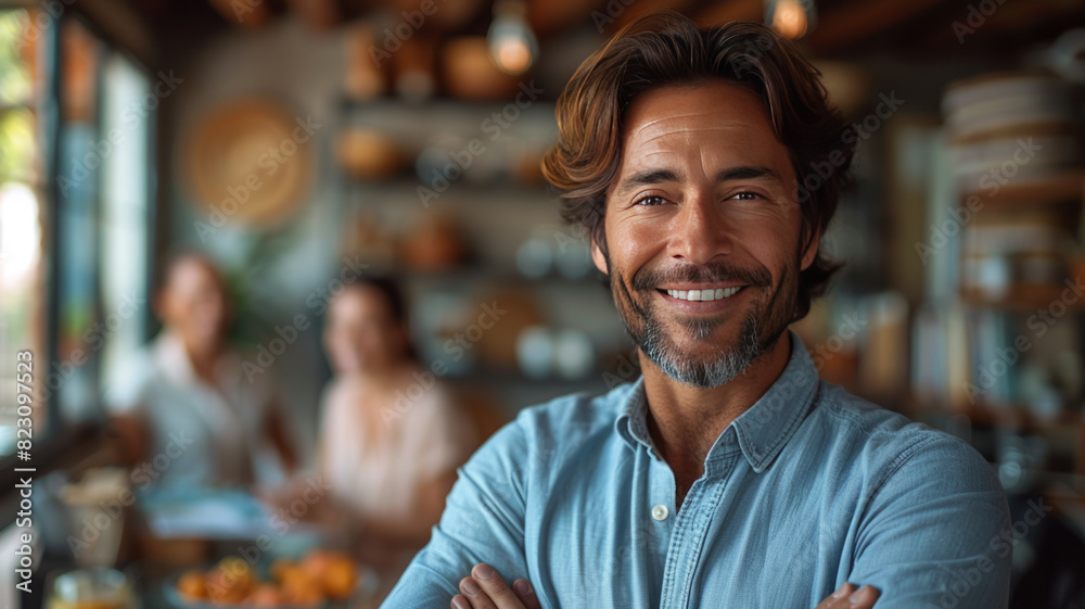 A smiling man from a life insurance company with a happy family, generative ai A smiling man from a life insurance company with a happy family, generative ai
