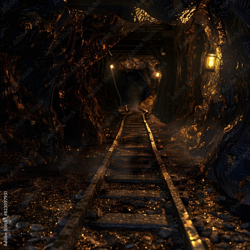 Naklejka premium Ancient Deserted Gold Mine. within a deserted gold mine that has ore cart tracks. Generative AI