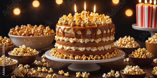 Symbols of birthday celebration:Salted caramel cake, caramel swirl, sea salt flakes, caramel popcorn, butterscotch chips, caramel candies photo