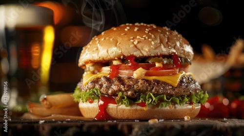 A close-up of a delicious cheeseburger with lettuce, tomato, and ketchup, served on a sesame seed bun with a beverage in the background. photo