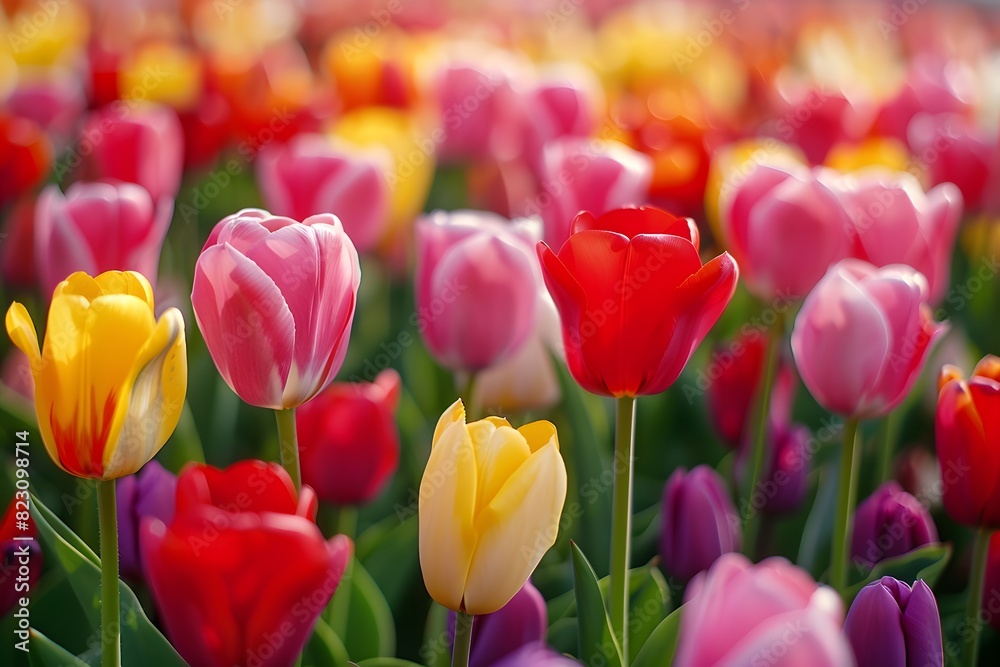 Colorful tulips among green leaves and yellow stems