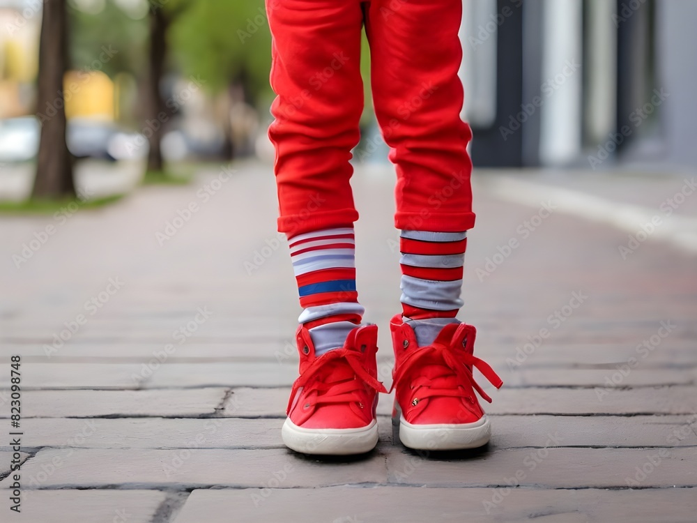 Kid legs with different pair of socks and red sneakers