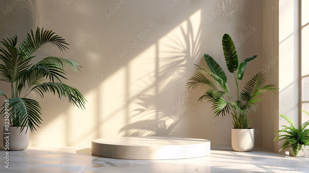 Minimalist stand with palm leaves and light play, ideal for beauty and cosmetic product displays Minimalist stand with palm leaves and light play, ideal for beauty and cosmetic product displays