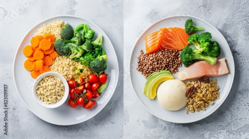 Contrasting Portion Sizes - Unbalanced vs. Balanced Meal on Side-by-Side Plates