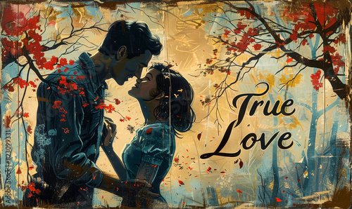 Vintage Artistic Illustration of Romantic Couple Embracing Under Autumn Trees with True Love Text at Sunset