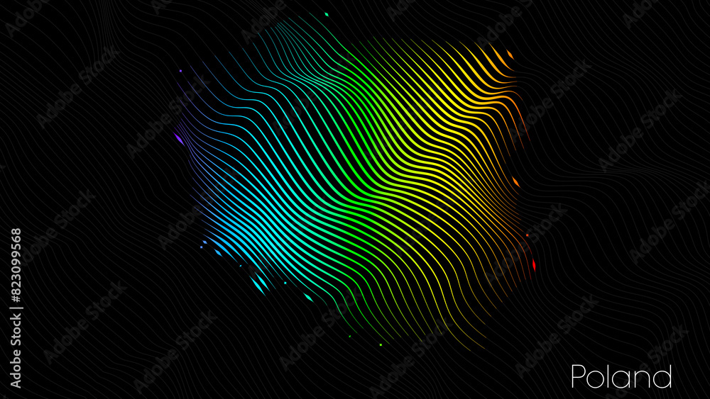A map of Poland is presented in the form of colorful vertical lines against a dark background. The country's borders are depicted in the shape of a rainbow-colored diagram. A map of Poland is presented in the form of colorful vertical lines against a dark background. The country's borders are depicted in the shape of a rainbow-colored diagram.
