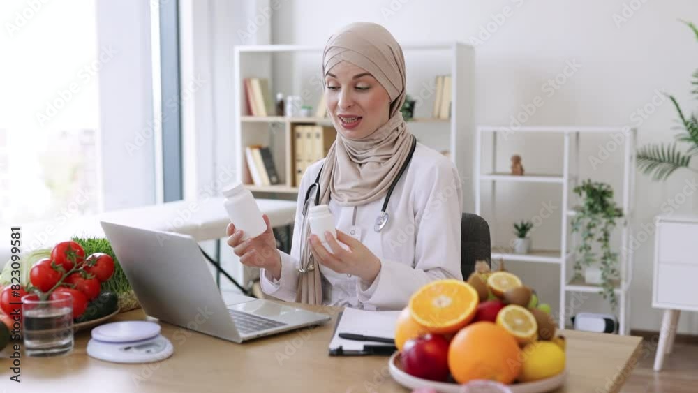Muslim doctor in hijab distantly describes the treatment plan. Positive arabian nutritionist woman holding pills or vitamins in hands during online consultation with patient using laptop. Muslim doctor in hijab distantly describes the treatment plan. Positive arabian nutritionist woman holding pills or vitamins in hands during online consultation with patient using laptop.
