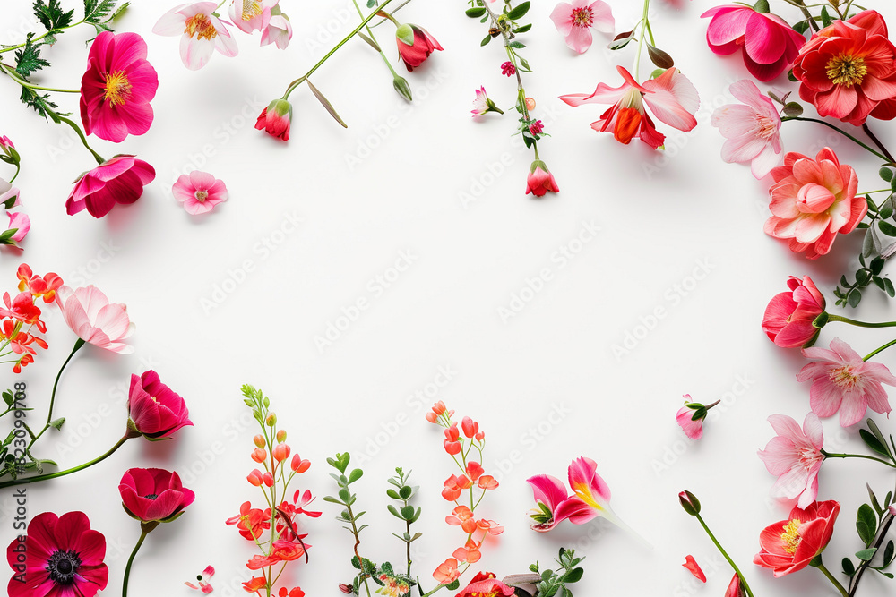 A flowery border with pink flowers surrounding a white background A flowery border with pink flowers surrounding a white background