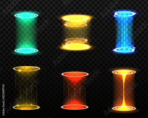 Level up effect and teleportation process game effect. Realistic teleportation portal. Realistic portal. Light aura and glowing hologram. Illuminated spotlight with falling rays